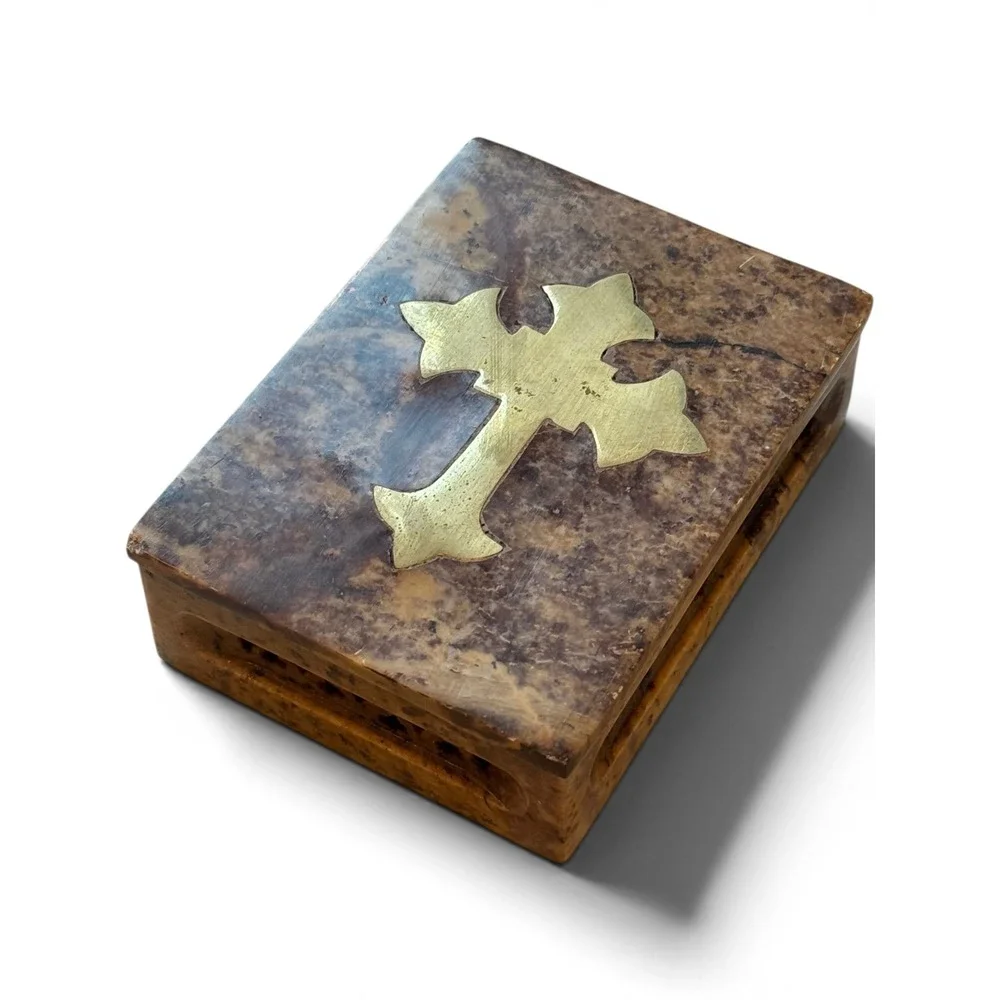 Vintage Soapstone Trinket Box Brown Brass Cross Inlay Carved India Handmade